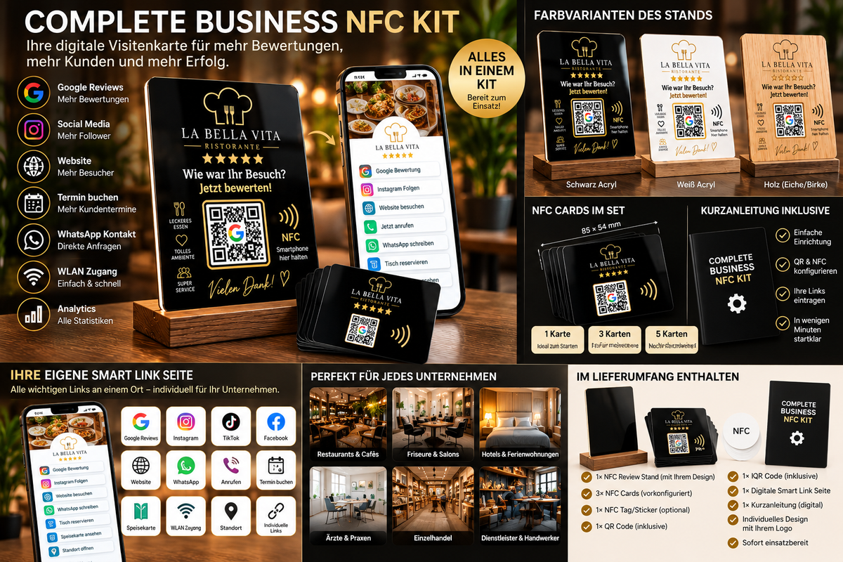 Smart Business NFC & QR – personalisierte Review Stands, NFC Karten und Business Kits