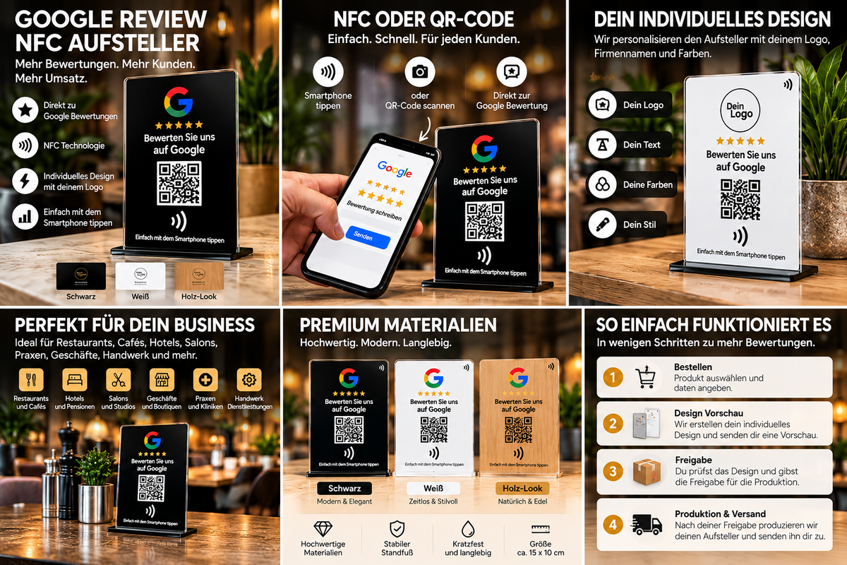 Google Review NFC Aufsteller – NFC, QR-Code, Personalisierung, Materialien und Anwendung