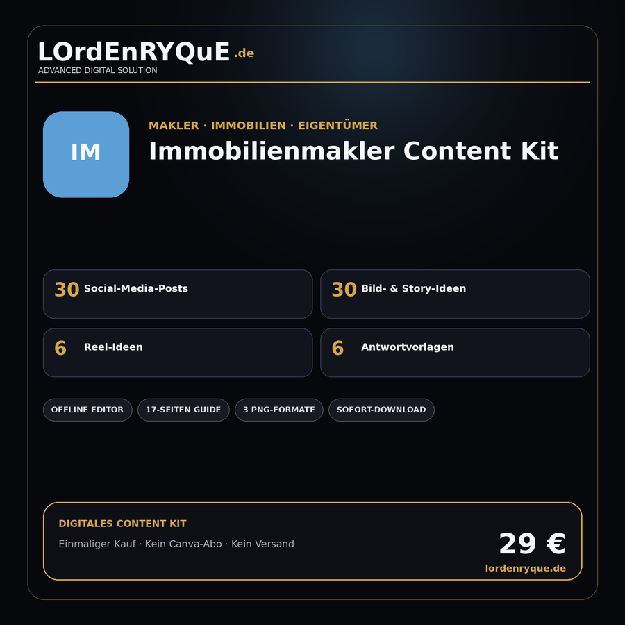 Immobilienmakler Content Kit – 30 Tage Social Media + Offline-Editor