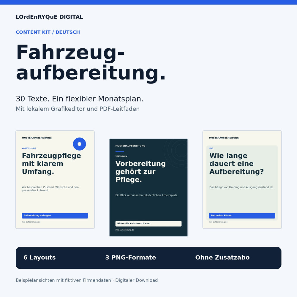 Content Kit Fahrzeugaufbereitung: Übersicht des digitalen Pakets; Beispielgrafiken mit fiktiven Firmendaten