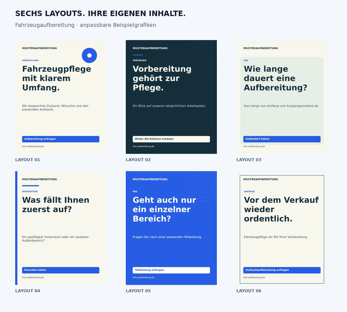 Content Kit Fahrzeugaufbereitung: sechs anpassbare Grafiklayouts; Beispielgrafiken mit fiktiven Firmendaten