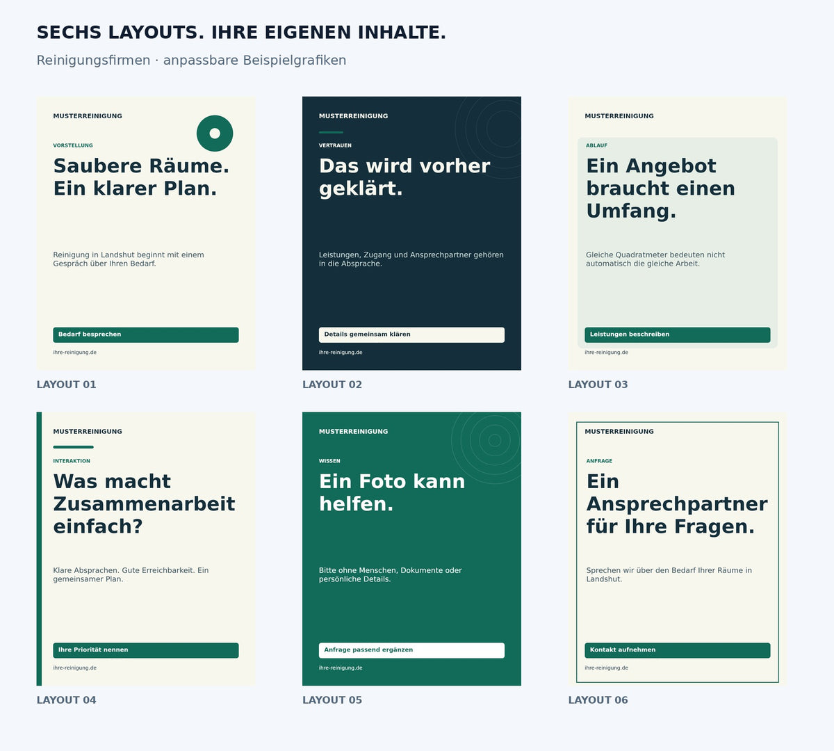 Content Kit Reinigungsfirmen: sechs anpassbare Grafiklayouts; Beispielgrafiken mit fiktiven Firmendaten