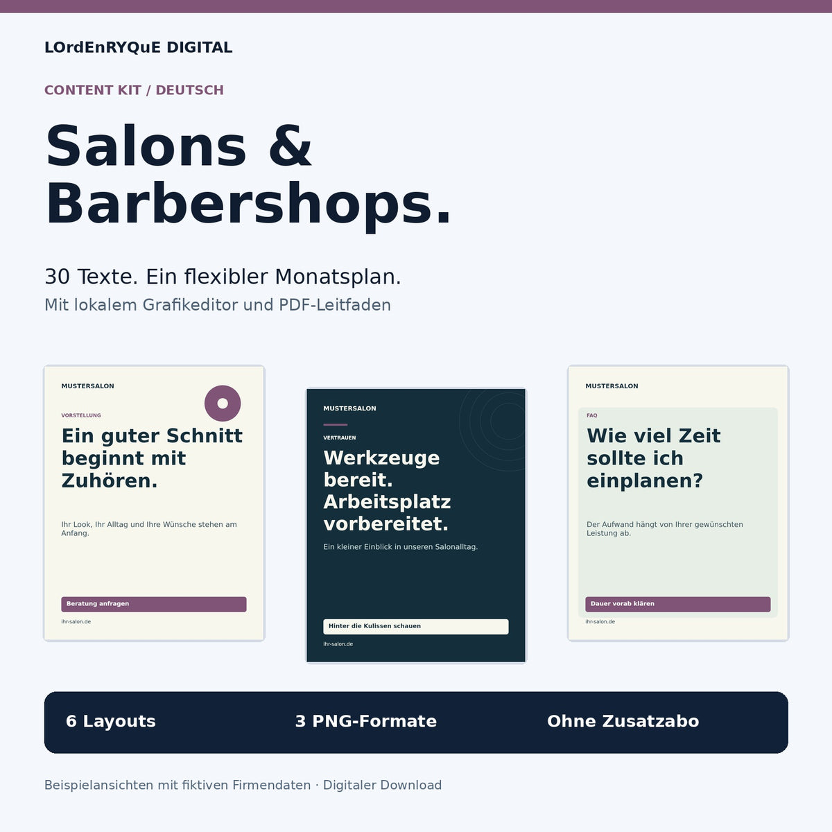 Content Kit Salons und Barbershops: Übersicht des digitalen Pakets; Beispielgrafiken mit fiktiven Firmendaten
