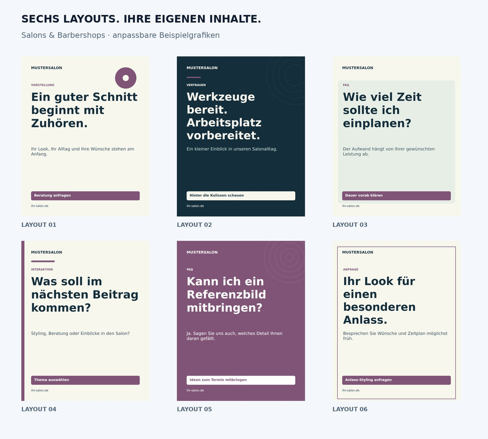 Content Kit Salons und Barbershops: sechs anpassbare Grafiklayouts; Beispielgrafiken mit fiktiven Firmendaten