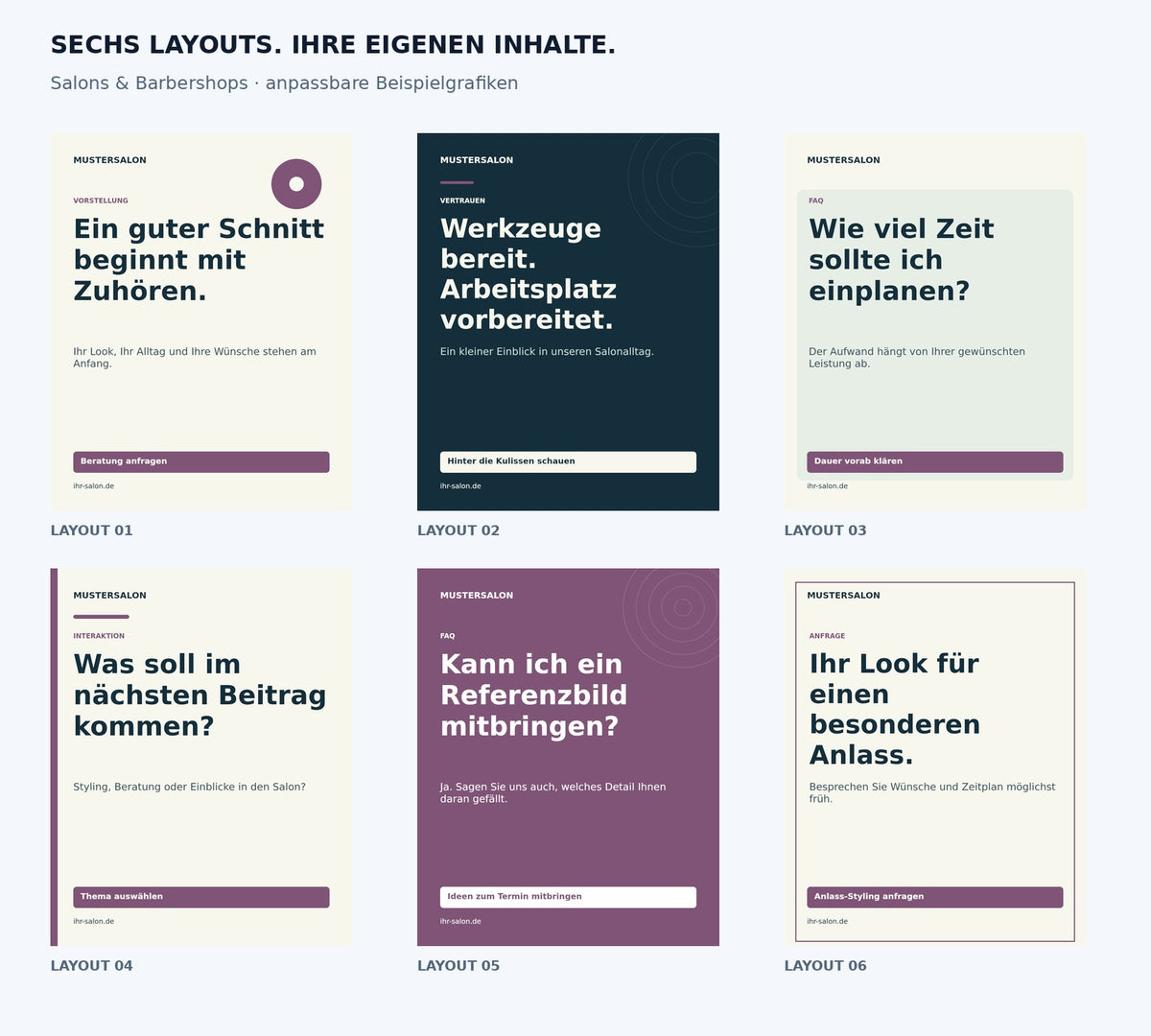 Content Kit Salons und Barbershops: sechs anpassbare Grafiklayouts; Beispielgrafiken mit fiktiven Firmendaten