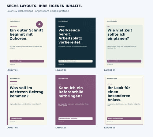 Content Kit Salons und Barbershops: sechs anpassbare Grafiklayouts; Beispielgrafiken mit fiktiven Firmendaten