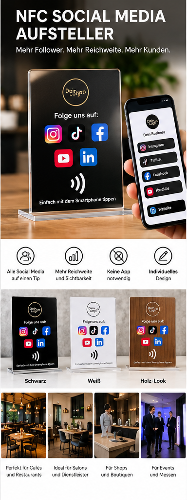 NFC Social Media Aufsteller – Instagram, Website und Booking per Tap