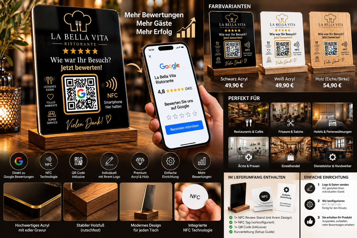 Smart Review Stand NFC + QR – Varianten, Vorteile und Lieferumfang