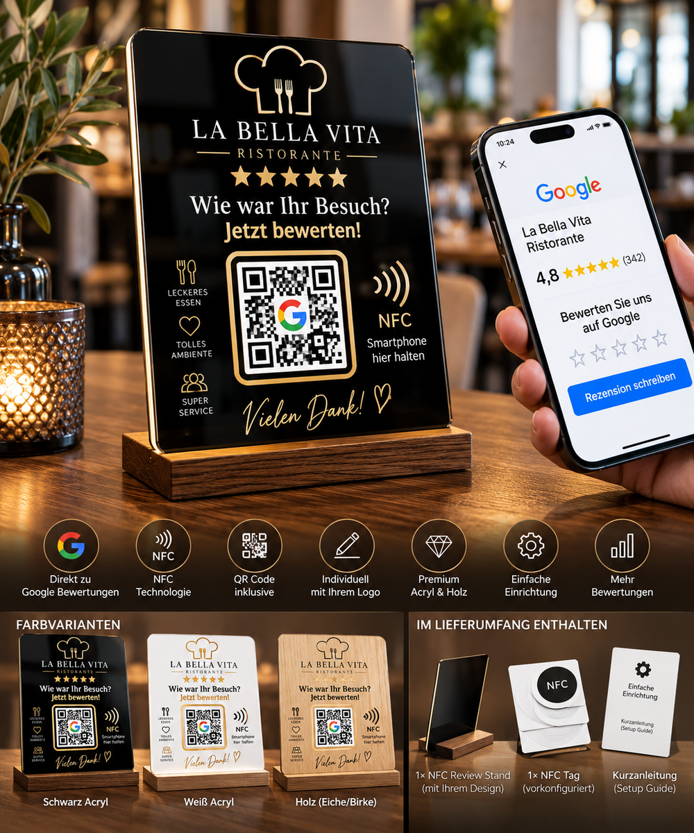 Smart Review Stand NFC + QR für Google Bewertungen – schwarzes Acryl