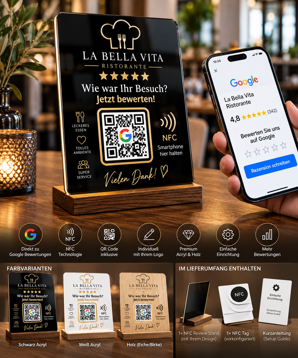 Smart Review Stand NFC + QR für Google Bewertungen – schwarzes Acryl