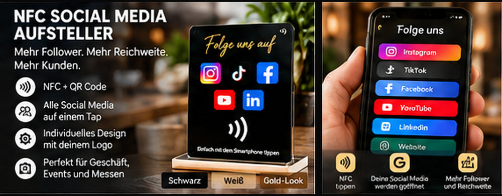 NFC Social Media Aufsteller – Social Links per NFC und QR-Code